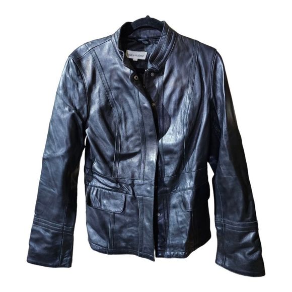 BOSTON HARBOUR Black Leather Mandarin Collar Jacket - Size Medium - Picture 1 of 10